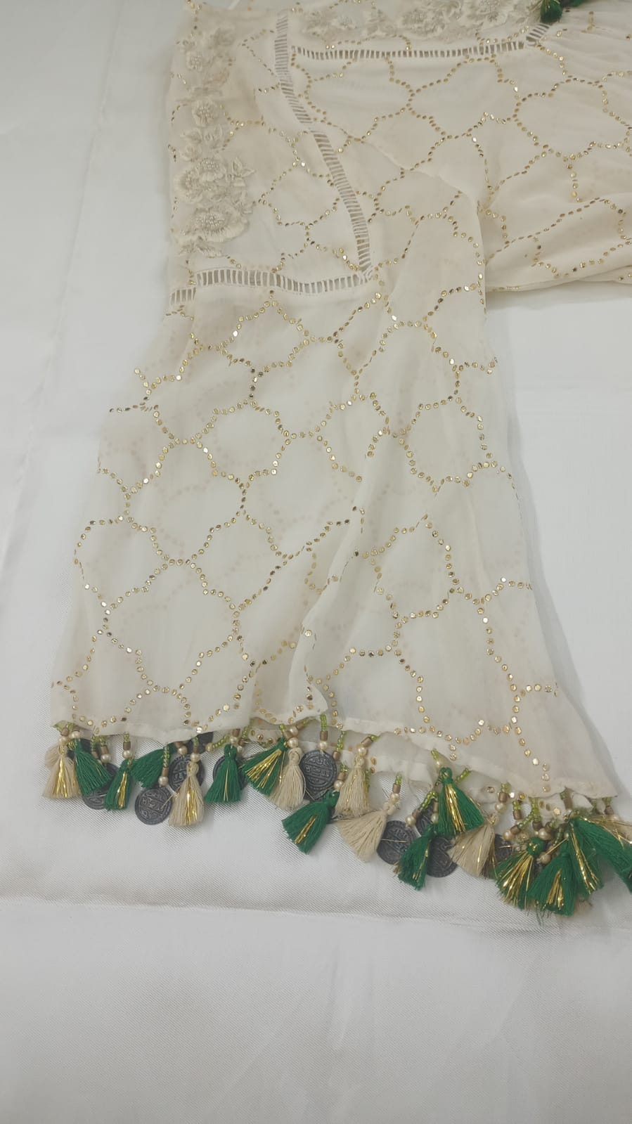 Ivory Hand-Embroidered Tunic Top with Gold Thread & Tassel Details