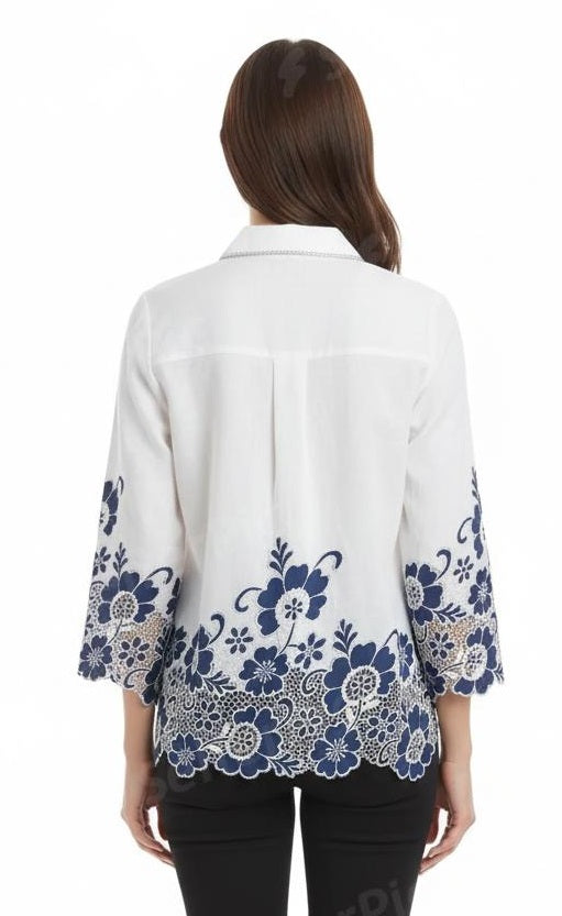 White Embroidered V-Neck Women’s Top with Floral Hem
