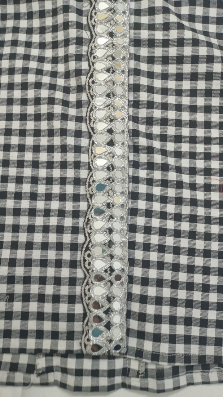 Black & White Gingham Shirt Top with Lace Trim Collar