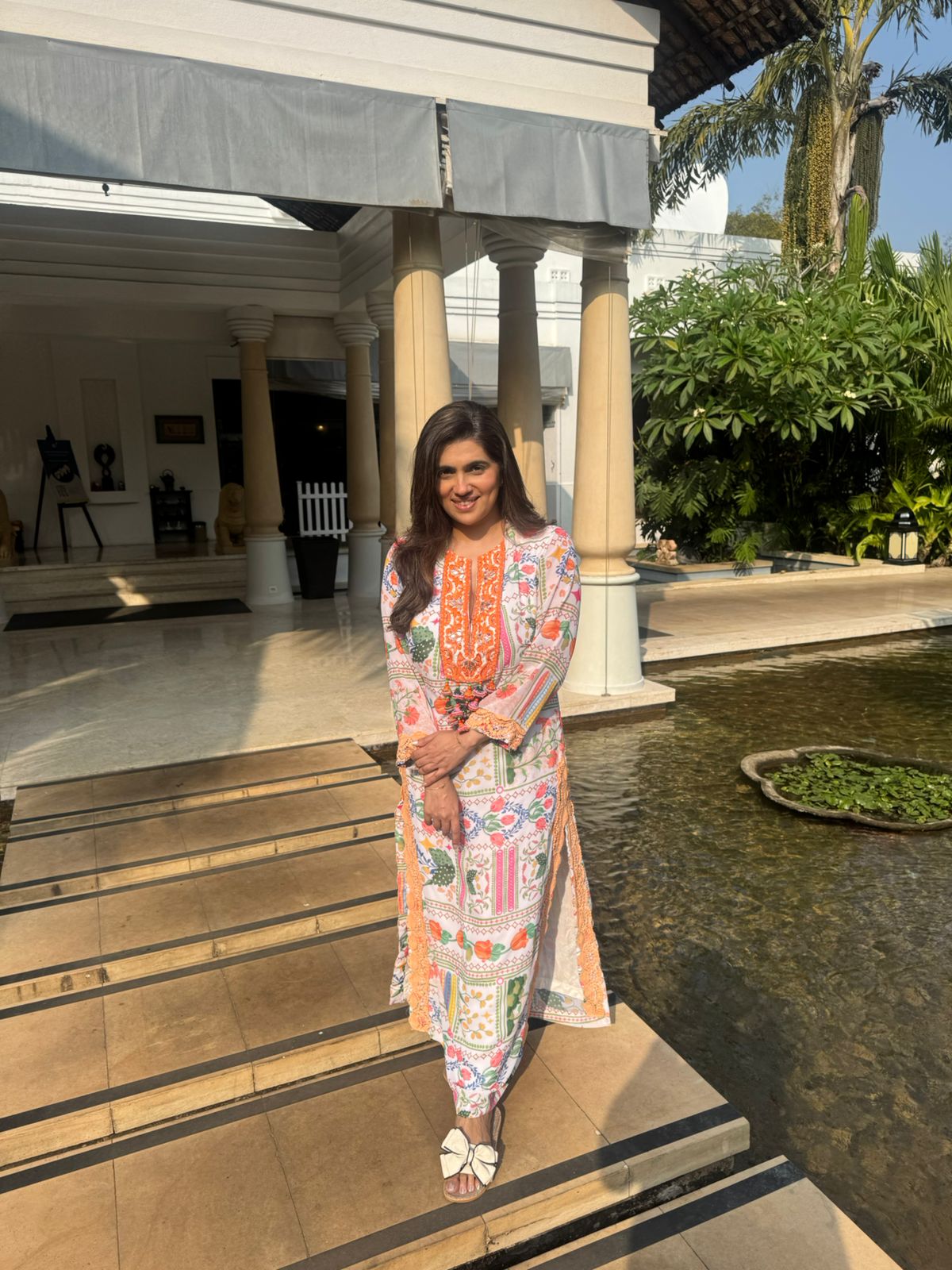 White & Orange Print Holiday Edit Kaftan