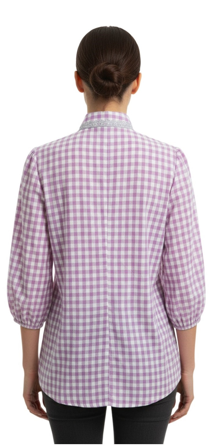Pink Gingham Checked Women’s Shirt with Lace Detailing