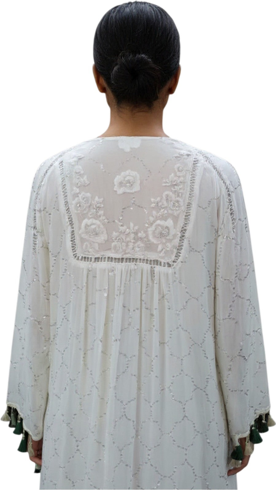 Ivory Hand-Embroidered Tunic Top with Gold Thread & Tassel Details