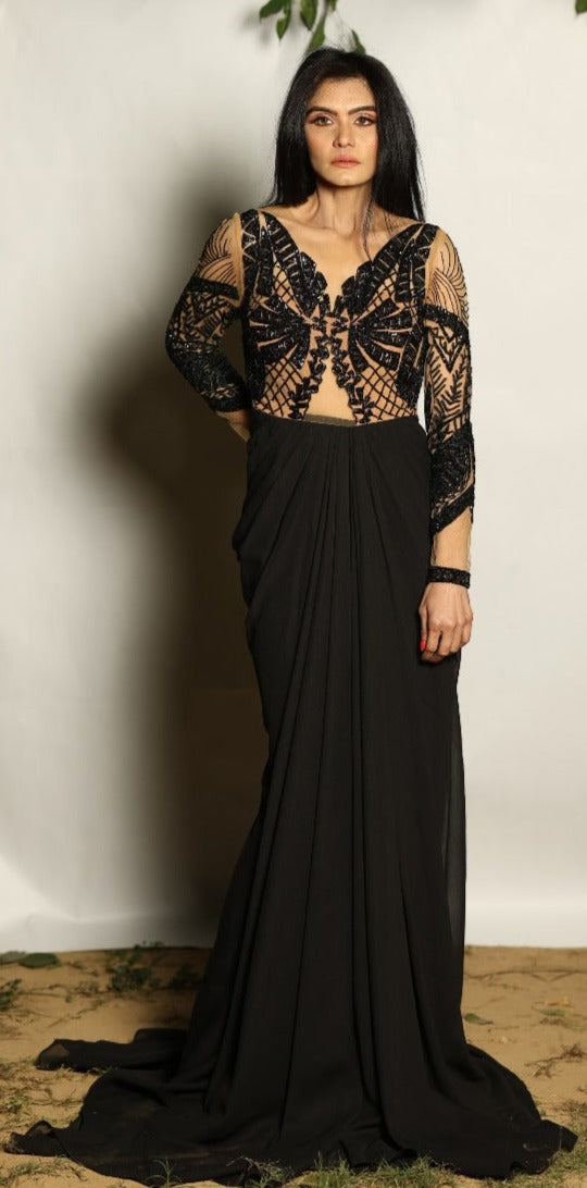 Nude & Black Embroidery Gown.