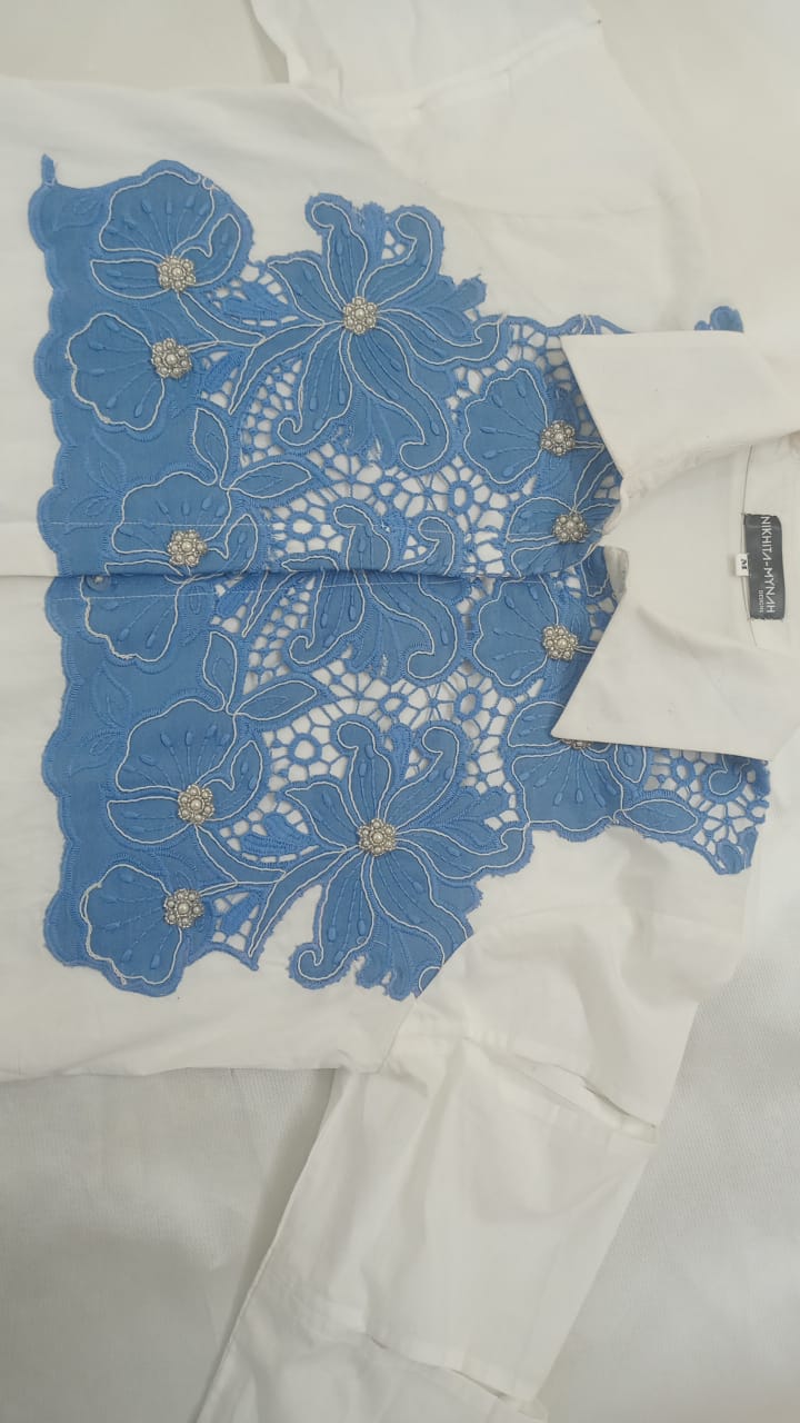 White Shirt Dress with Blue Lace Overlay Panel XXL