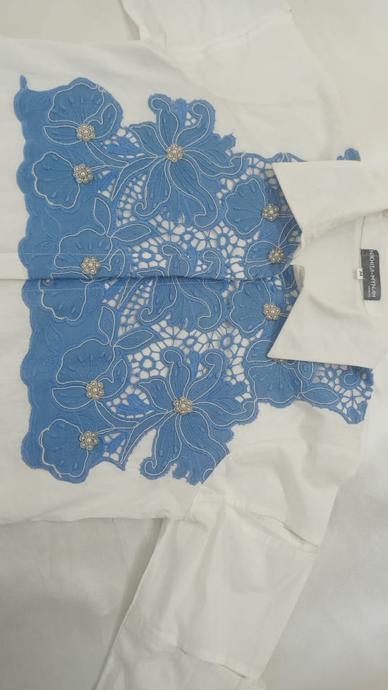 white dress blue lace overlay Street style | Blue and white lace dress | Luvtolook