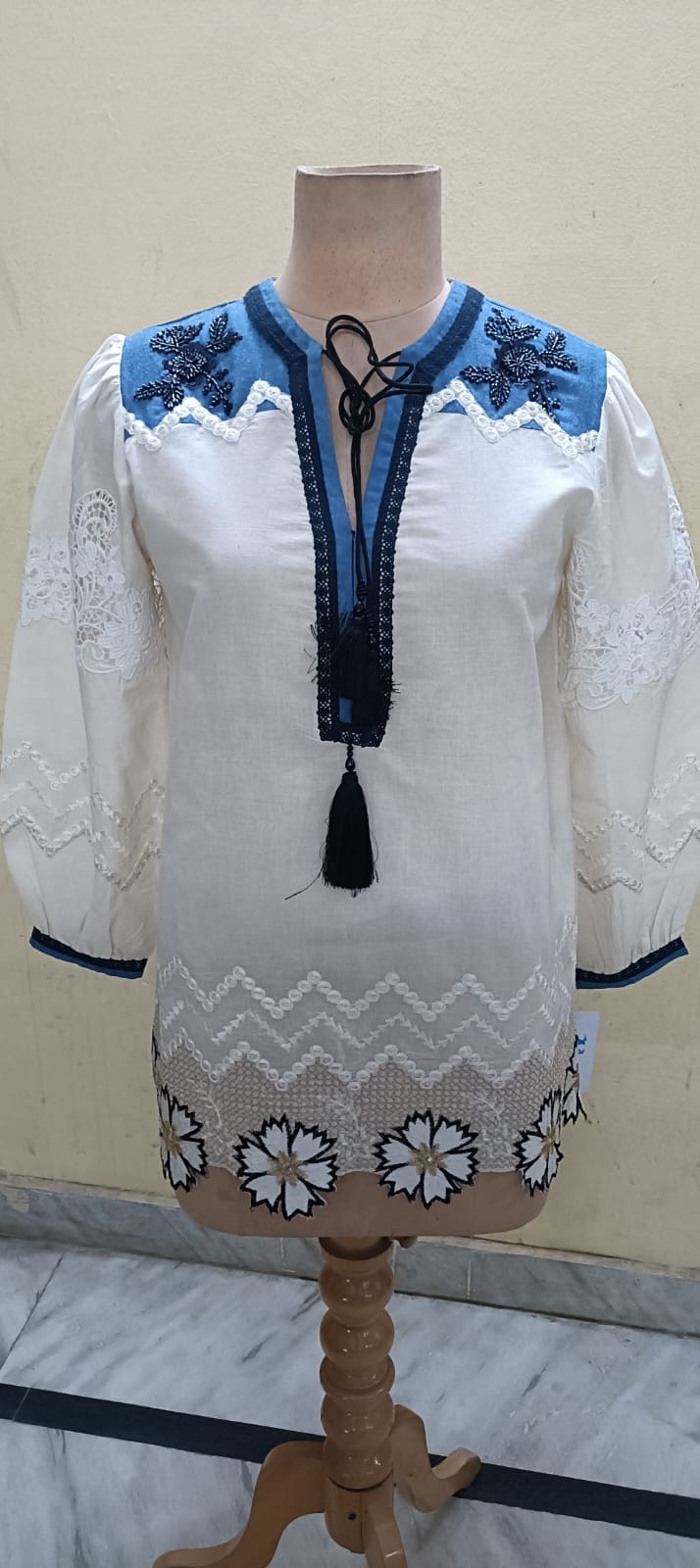 White Embroidered Tunic Top with Blue Yoke & Tassel Tie-Up