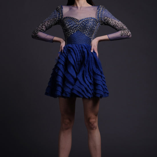 Royal Blue Half Embroidered and Half Draped with Net Pleats