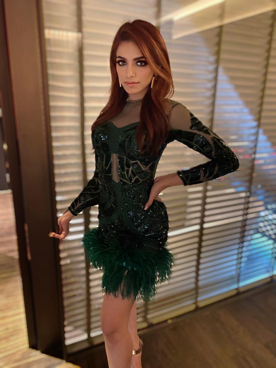 Emerald Green and Black Sequin Dress with Fur Edging M