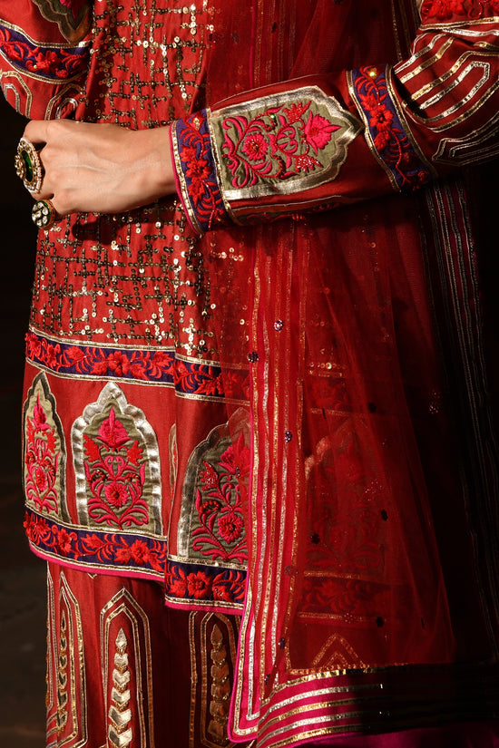 Gold Foil Red Sharara Suit