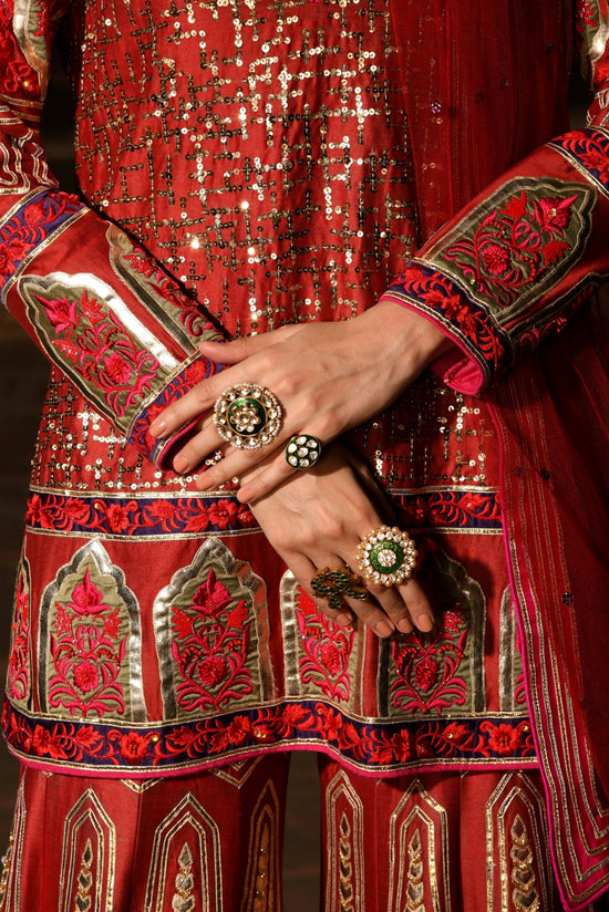 Gold Foil Red Sharara Suit