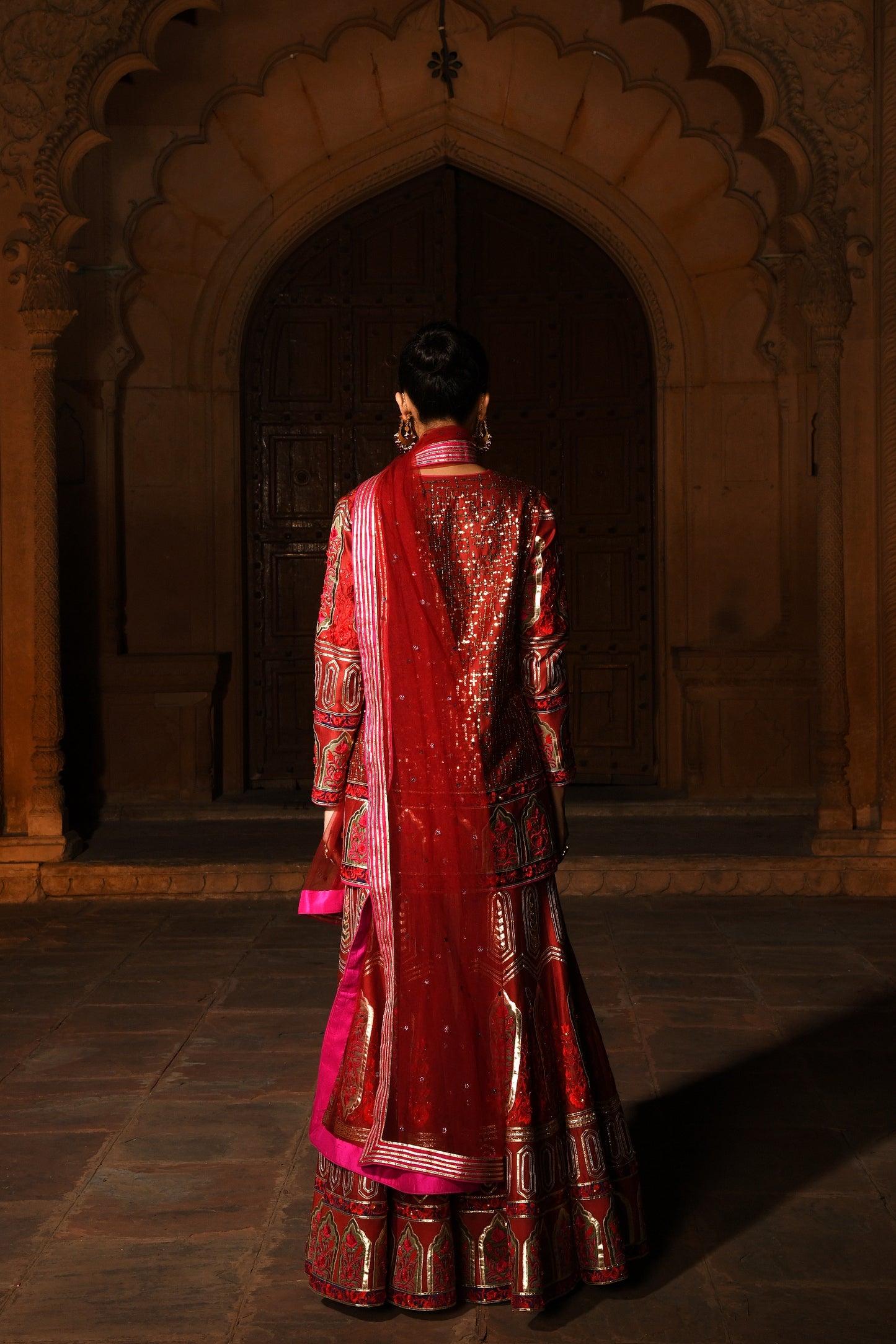 Gold Foil Red Sharara Suit