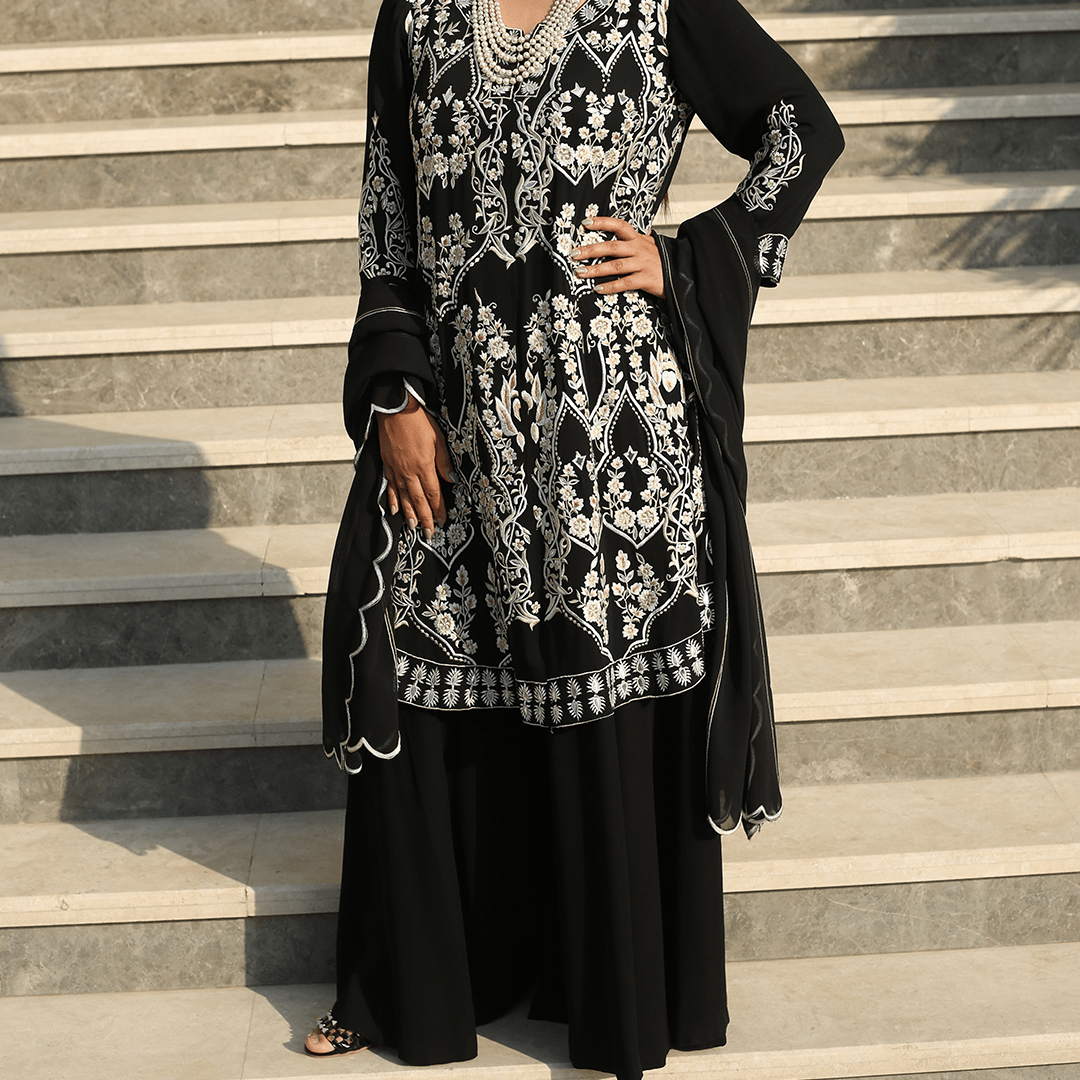 Black Embroidered Sharara Suit