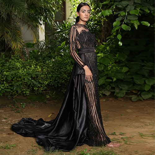 Black Net Stripes Gown