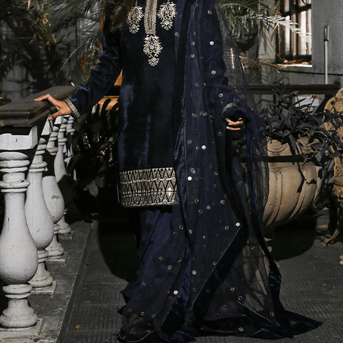 Navy Blue Hand Embroidered Short Suit