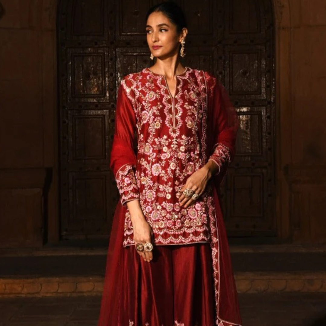 Red Embroidered Sharara Suit