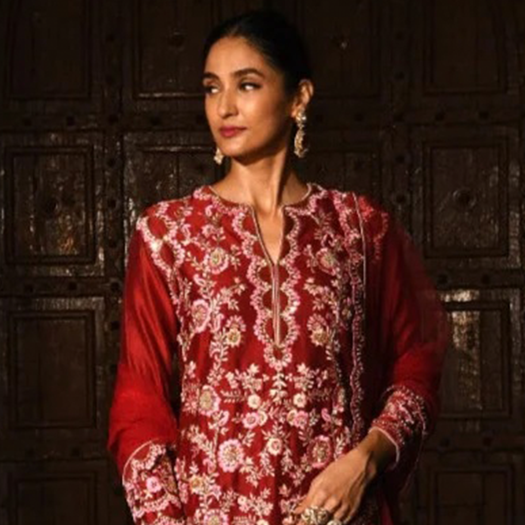 Red Embroidered Sharara Suit