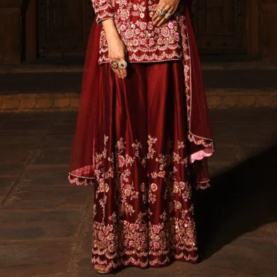 Red Embroidered Sharara Suit