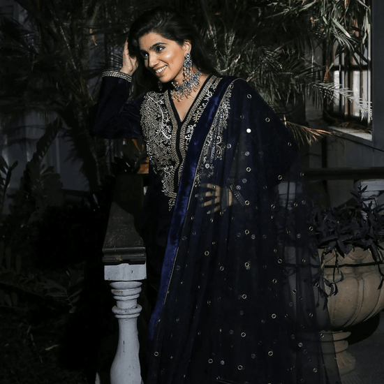 Navy Blue Threadwork Long  Sharara Suit